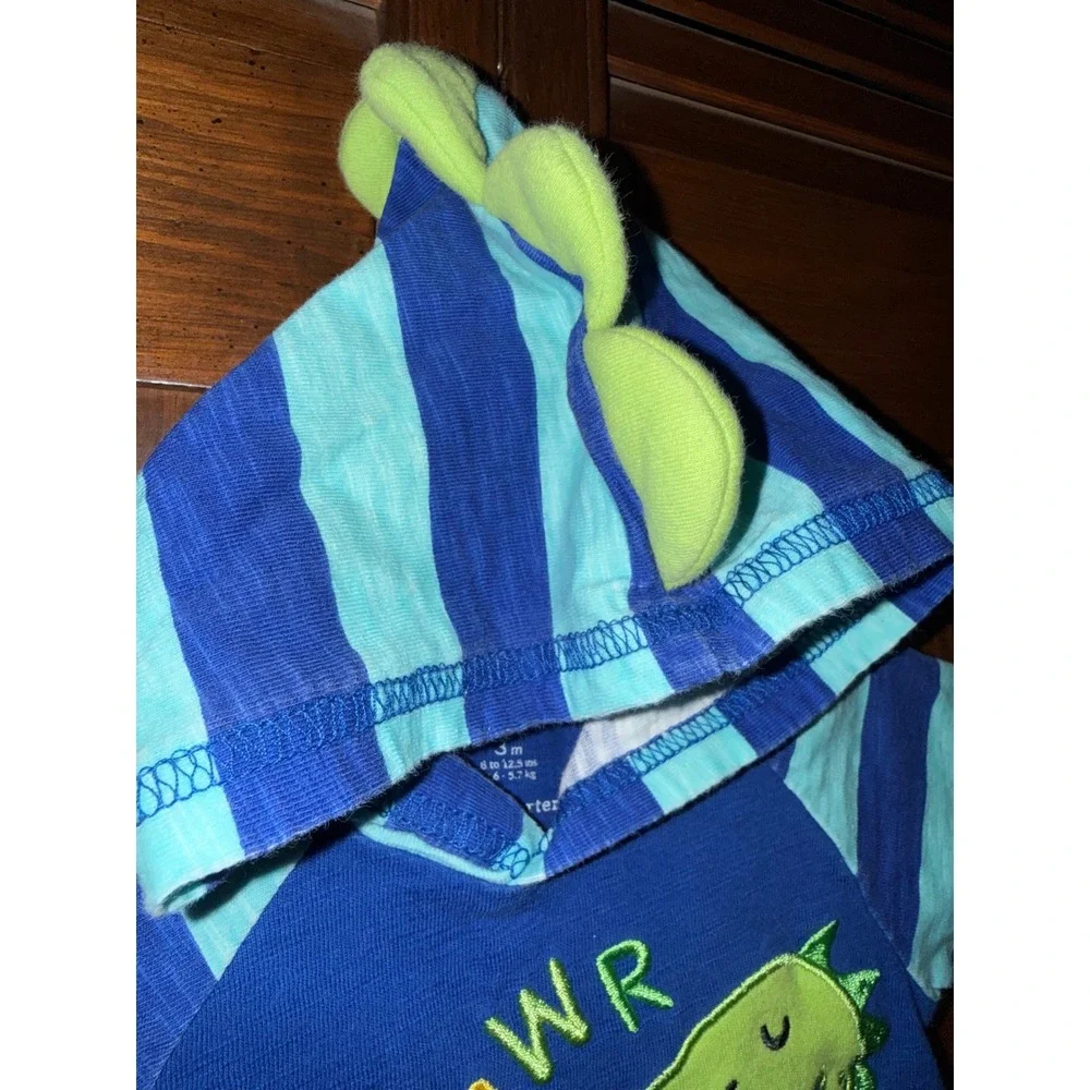 Baby Starters Blue Dragon Hooded Romper 3M Striped Dinosaur One Piece